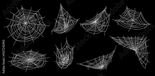 Vector illustration of multiple spider webs on a dark background, perfect for Halloween designs, spooky themes, gothic decorations, party posters, and abstract textures.