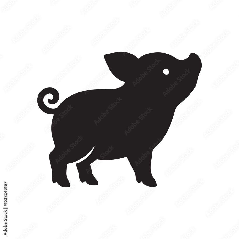 Fototapeta premium A black silhouette of a piglet standing with a curly tail on a white background looking upwards