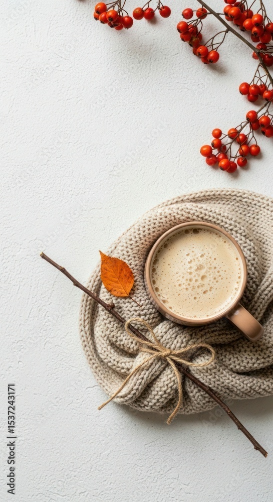 Naklejka premium Beige Knit Sweater Coffee Cup Autumn Berries Leaf Twig