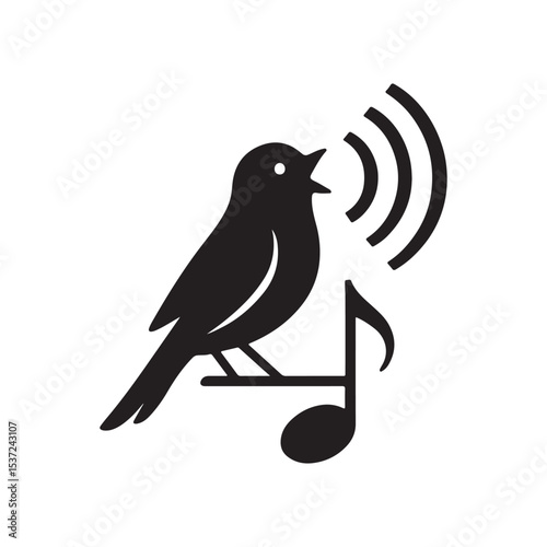 A black silhouette of a bird singing on a musical note with sound waves emanating from its mouth