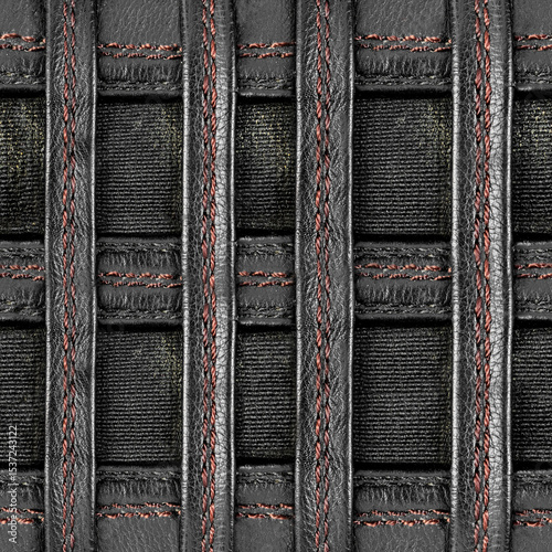 Seamless 4k photo texture material of black stitched strap leather mesh on dirty cloth.
