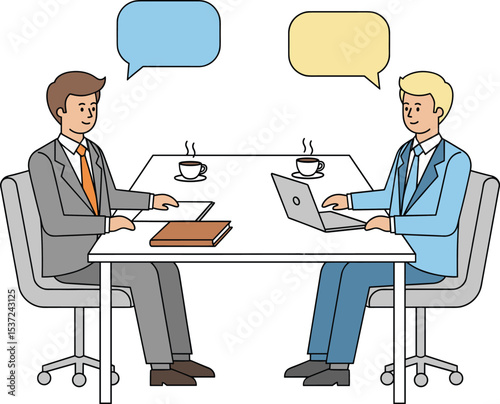 Two business professionals in a meeting, discussing over coffee with speech bubbles, ideal for office communication and collaboration illustrations
