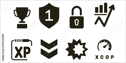Flat solid style icons for gaming achievements including trophy, level badge, unlocked padlock, new high score indicator, xp bar, player rank icon, bonus star, and progress meter for gaming interfaces