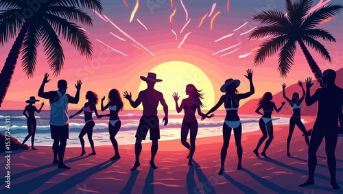 Silhouettes of people dancing on the beach at sunset with palm trees and fireworks, ideal for party and summer designs.