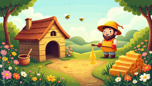 Happy beekeeper with honey, bees and beehive in a colorful garden, perfect for farming and nature themes.