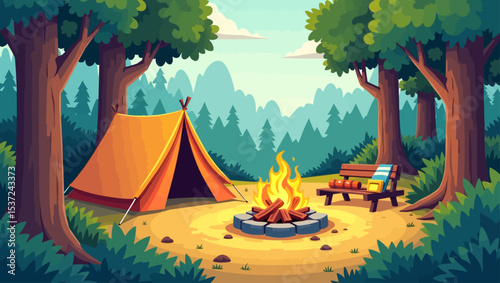 Cozy forest campsite with orange tent, campfire, bench, logs and pine trees under morning light.