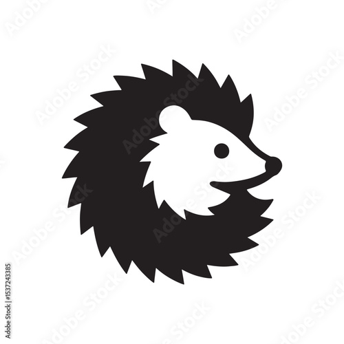 A simple black and white illustration of a stylized hedgehog with sharp quills and a small round eye