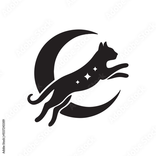 Black silhouette of a cat leaping over a crescent moon with stars on its body illustration