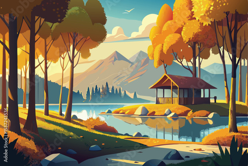 An autumn mountain landscape painting at sunset depicts trees, a river, and a cloudy sky