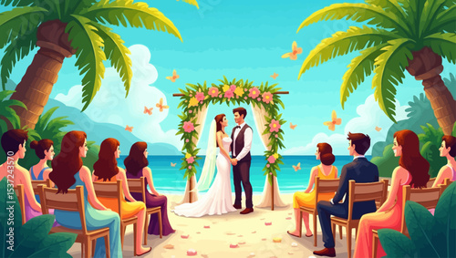 Romantic beach wedding ceremony under tropical arch with guests and palm trees, ideal for destination wedding themes.