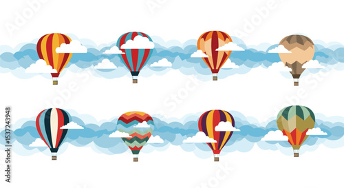 A Vibrant Sky Eight Hot Air Balloons Ascending Through Fluffy White Clouds Artwork