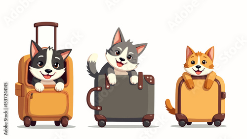 Adorable cartoon dogs and cats inside travel suitcases, symbolizing pet travel, vacation, and cute holiday moments.