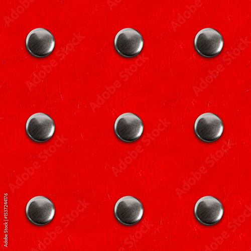 Seamless 4k photo texture material of red leather surface with metal rivet pattern.