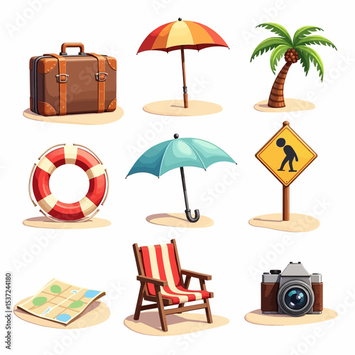 Collection of vacation and beach icons like lifebuoy, umbrella, palm, suitcase, beach chair, camera, and map, in flat vector style.