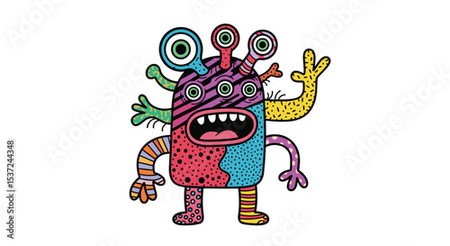 Whimsical Multi-Eyed Monster with Colorful Limbs and Textured Body for Children Illustration