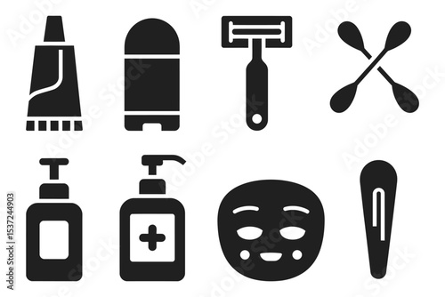 Solid style icons set of personal care and pharmacy products including toothpaste, deodorant stick, razor blade, cotton swabs, face lotion, hand sanitizer, soap bar, and nail clipper icons


