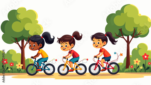 Three happy girls riding bicycles on a summer day, surrounded by trees and flowers, symbolizing outdoor fun and childhood freedom.