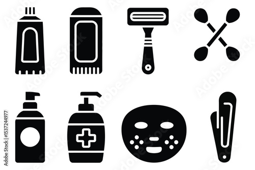 Collection of solid vector icons representing personal care and pharmacy items such as toothpaste, deodorant stick, razor blade, cotton swabs, face lotion, hand sanitizer, soap bar, and nail clipper

