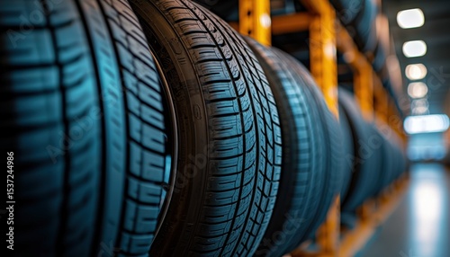 Row of car tires on warehouse storage rack photo