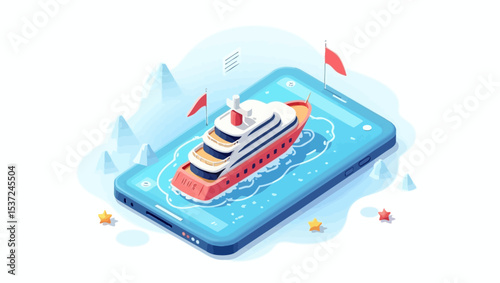 Isometric cruise ship sailing through a mobile phone screen, symbolizing digital travel booking and online tourism.