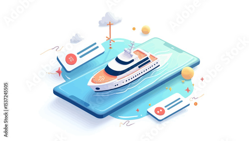 Modern yacht emerging from mobile screen with floating interface icons, representing digital vacation planning.