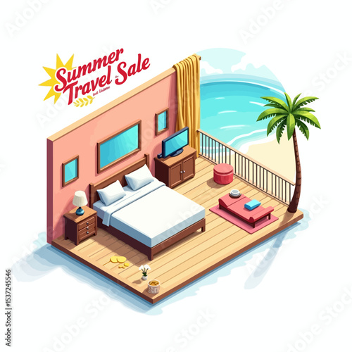Vector illustration of beach hotel room with ocean view and “Summer Travel Sale” text, ideal for travel ads.