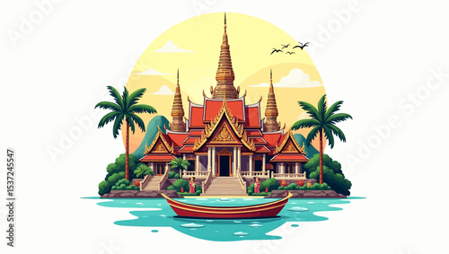 Traditional Asian temple by the water with tropical surroundings, under warm sunset glow, ideal for culture themes.