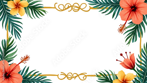 Elegant floral tropical frame with hibiscus flowers and palm leaves, great for summer invitations and banners.