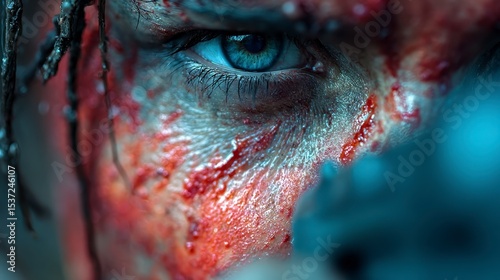 Close-up of an intense blue eye surrounded by blood and textured skin, evoking a dramatic and possibly violent scene.