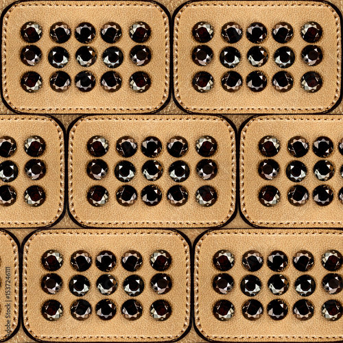 Seamless 4k photo texture material of golden colored leather tile surface with stitching.