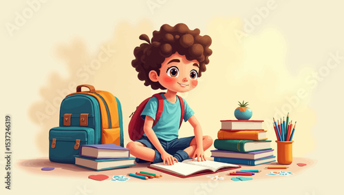 Adorable schoolboy sitting on the floor with backpack, books, and school supplies, ready for study time.