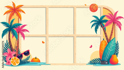  Tropical summer-themed blank frame with vibrant palm trees, fruits, and space for inserting photos or text.