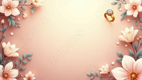 Romantic floral background with engagement ring and pastel flowers, perfect for wedding, proposal, or love themes.