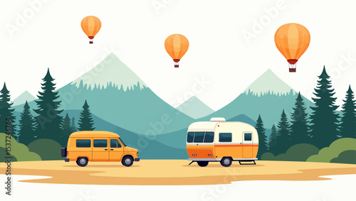 Vector camping scene with van, caravan, pine trees, and hot air balloons, ideal for outdoor adventure and travel themes.