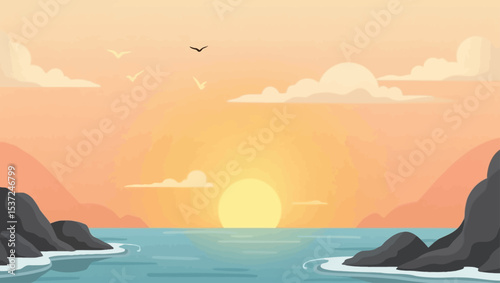 Peaceful ocean sunset between coastal cliffs with birds flying, ideal for nature, travel, and summer illustrations.