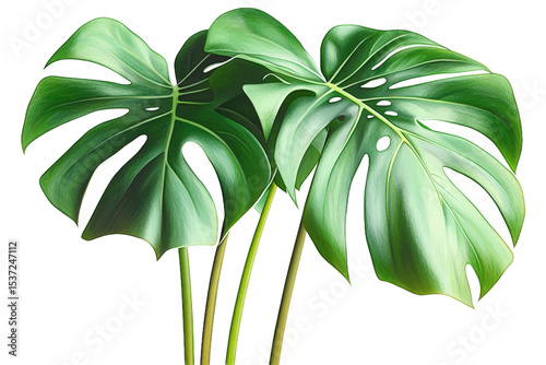 Tropical Monstera Deliciosa Leaves Isolated on White Background with Realistic Shadows and Vivid Green Texture