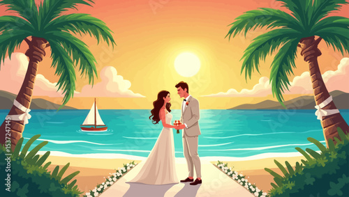 Tropical beach wedding vector with couple holding hands under sunset, palm trees and ocean backdrop. Great for destination wedding themes.