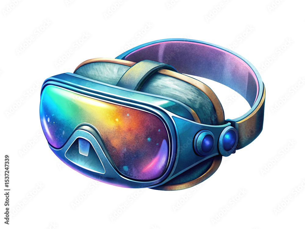 Stylish and futuristic VR headset with a colorful reflective visor and sleek design Stylish and futuristic VR headset with a colorful reflective visor and sleek design