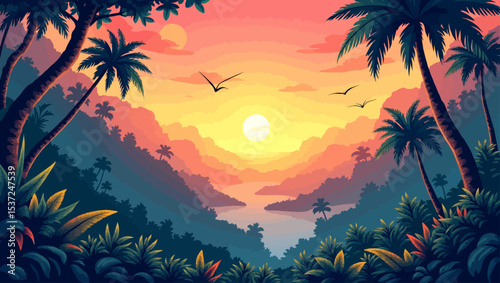 Exotic tropical sunset with lush greenery, palm trees, river and vibrant sky in summer landscape.