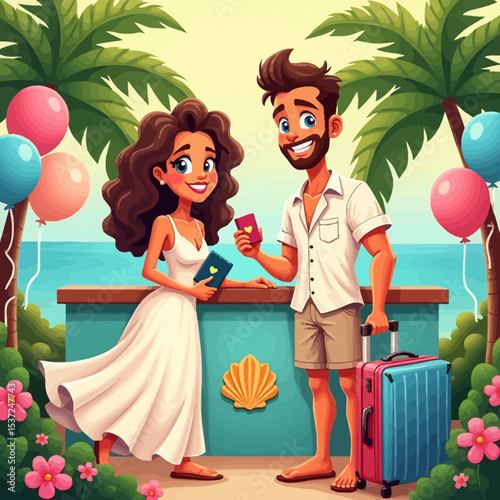 Smiling couple checking into tropical resort with suitcase and passport, ready for a romantic summer vacation.