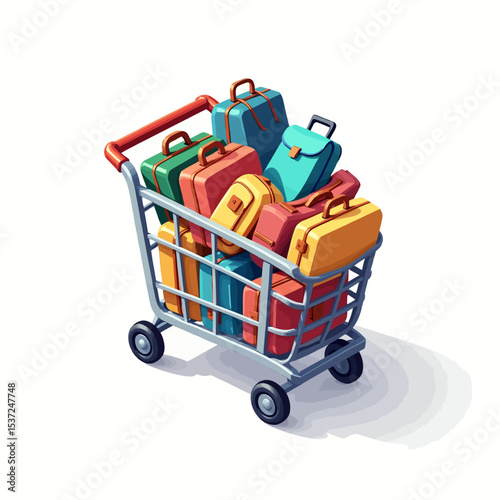 Shopping cart full of colorful suitcases, symbolizing summer vacation travel and baggage concept.