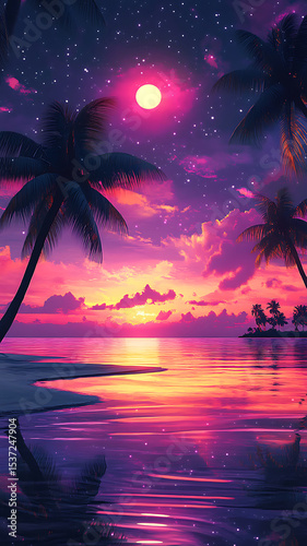 Tropical paradise nightscape featuring palm trees reflection and colorful vibrant sunset sky