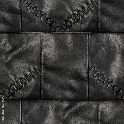 Seamless 4k photo texture material of black leather stitched surface with braiding elements.