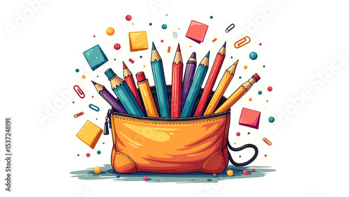 Colorful pencil case illustration with school pencils, clips, and geometric shapes.