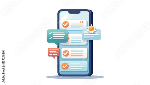 Modern smartphone screen with chat bubbles and notifications in a flat vector style.
