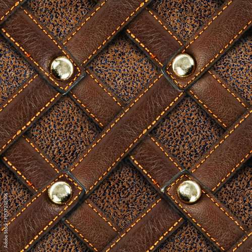 Seamless 4k photo texture material of brown suede leather with leather riveted mesh.
