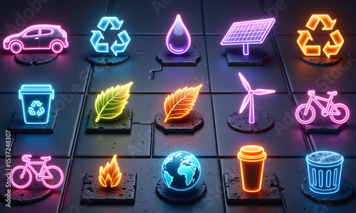 Wallpaper Mural Neon grid displaying sustainability icons with planet, leaf, bike, and recycling graphics. Torontodigital.ca