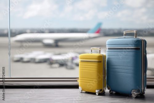 Two stylish suitcases near airport window with airplane and service vehicles outside, perfect for travel, tourism ads, packing tips, or airport transportation visuals photo