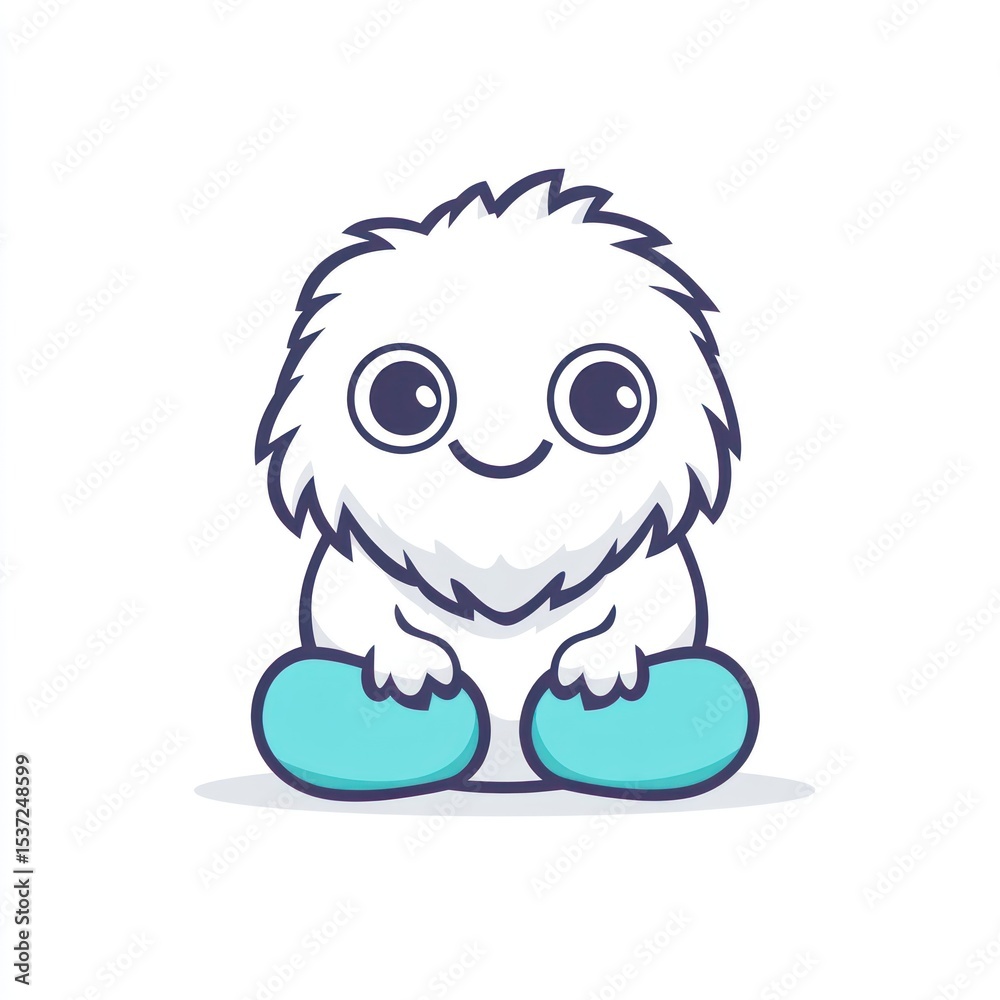 Obraz premium Cute fluffy white cartoon creature with big eyes and turquoise feet sits on white