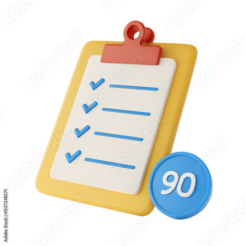 A 3d rendered clipboard with a checklist including checkmarks and a notification icon showing ninety unread tasks against a black background.